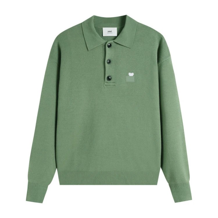 AMI Paris Knitwear de Cœur Polo Collar Knit Sweater — Olive green