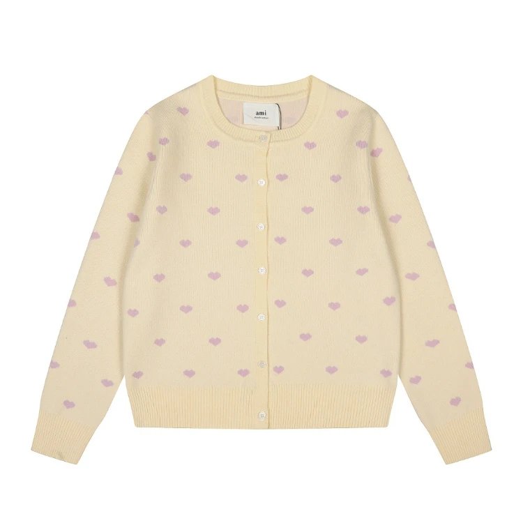 AMI Knitwear Heart Jacquard Button Cardigan — SKU-04-Milk Apricot Purple Heart