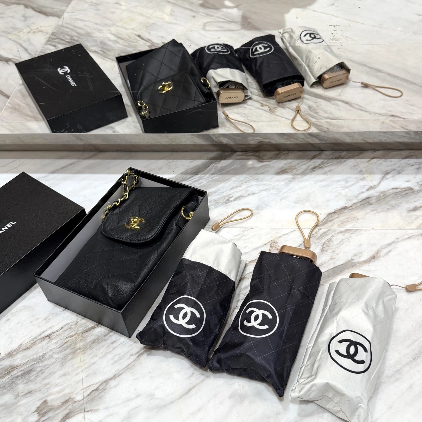 Chanel Classic Flap Phone Pouch with Chain Strap and Logo-Print Folding Umbrellas