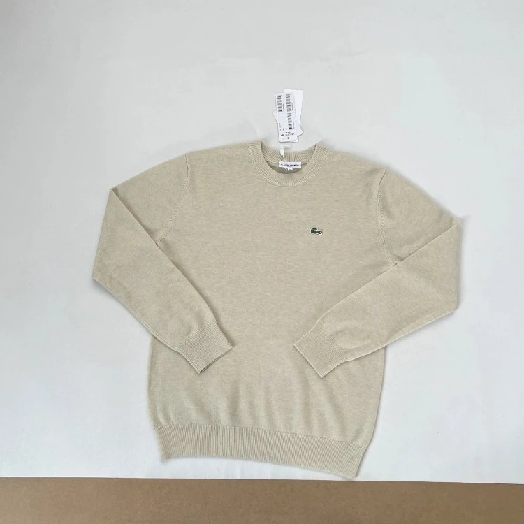 Lacoste Knitwear Crew-Neck Crocodile Logo Knit Sweater — Light Khaki