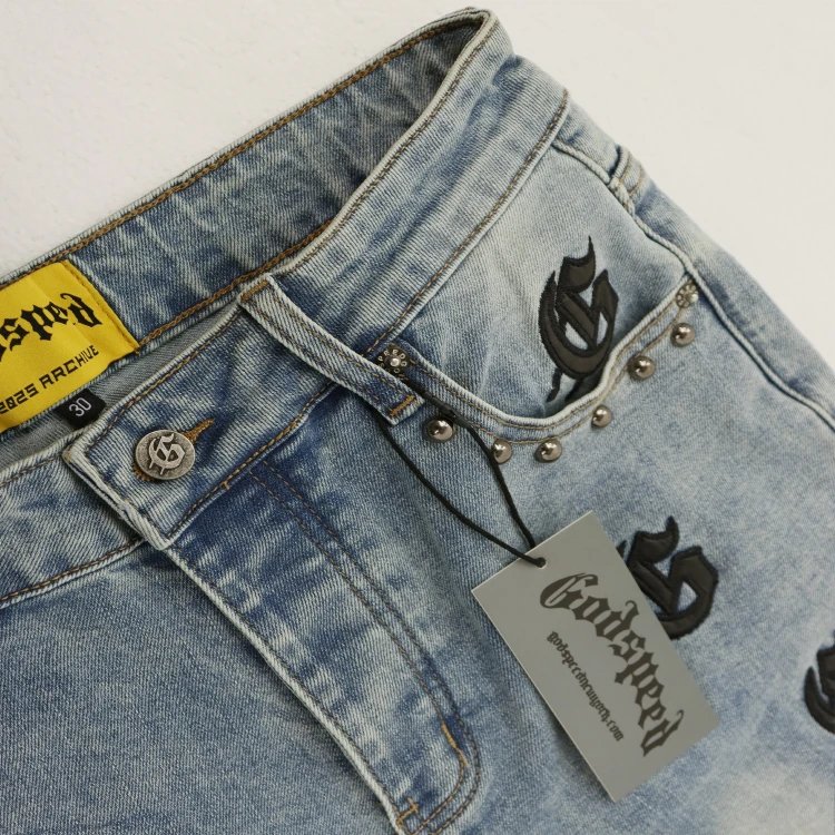 Godspeed Shorts Embroidered logo patchwork distressed denim image 9