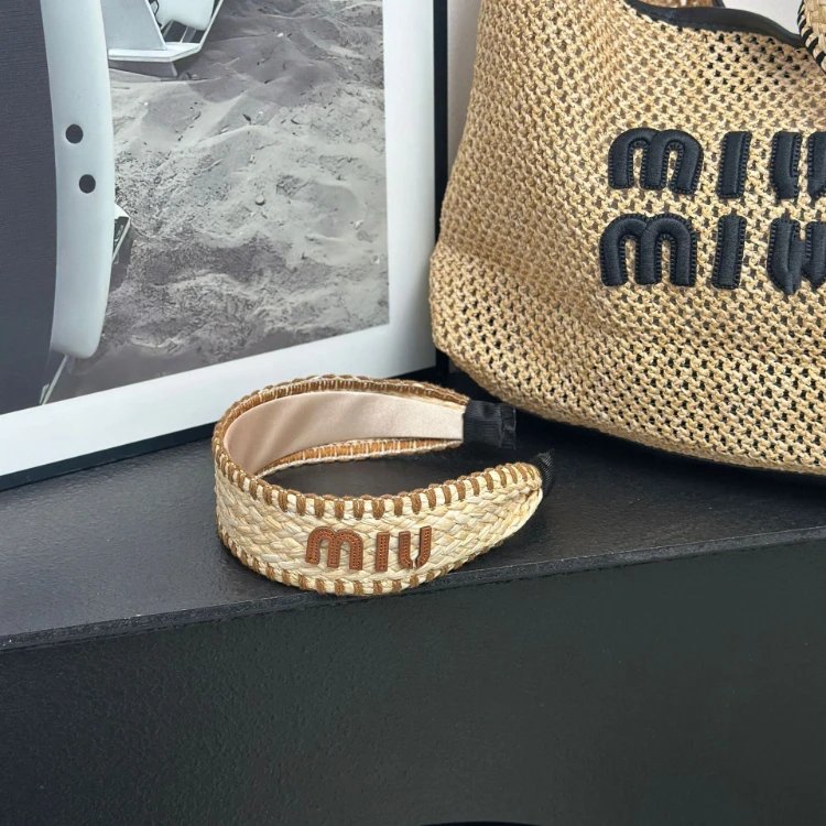 Miu Uncategorized Braided straw wide headband with logo lettering — Khaki