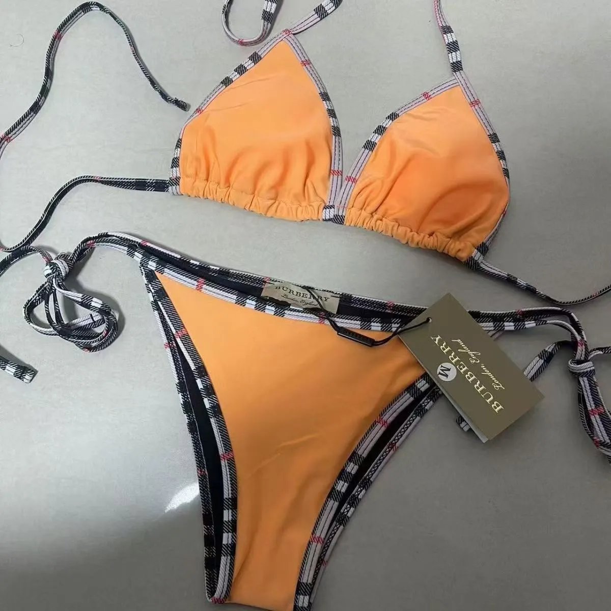 Burberry Swimwear Plaid-Trim Triangle Bikini Set — 10