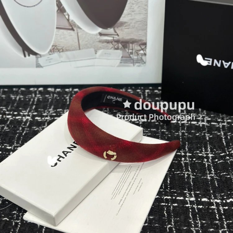 Chanel Uncategorized Plaid Padded Headband — SKU-03-Burgundy Plaid Hair Hoops