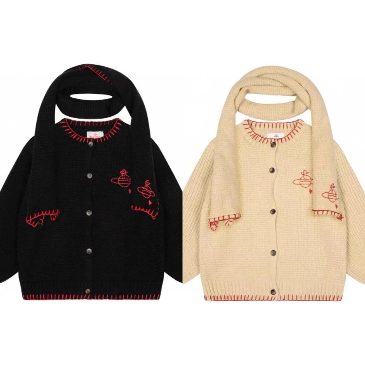 Unbranded Knitwear Scarf-detail embroidered button-front cardigan image 1