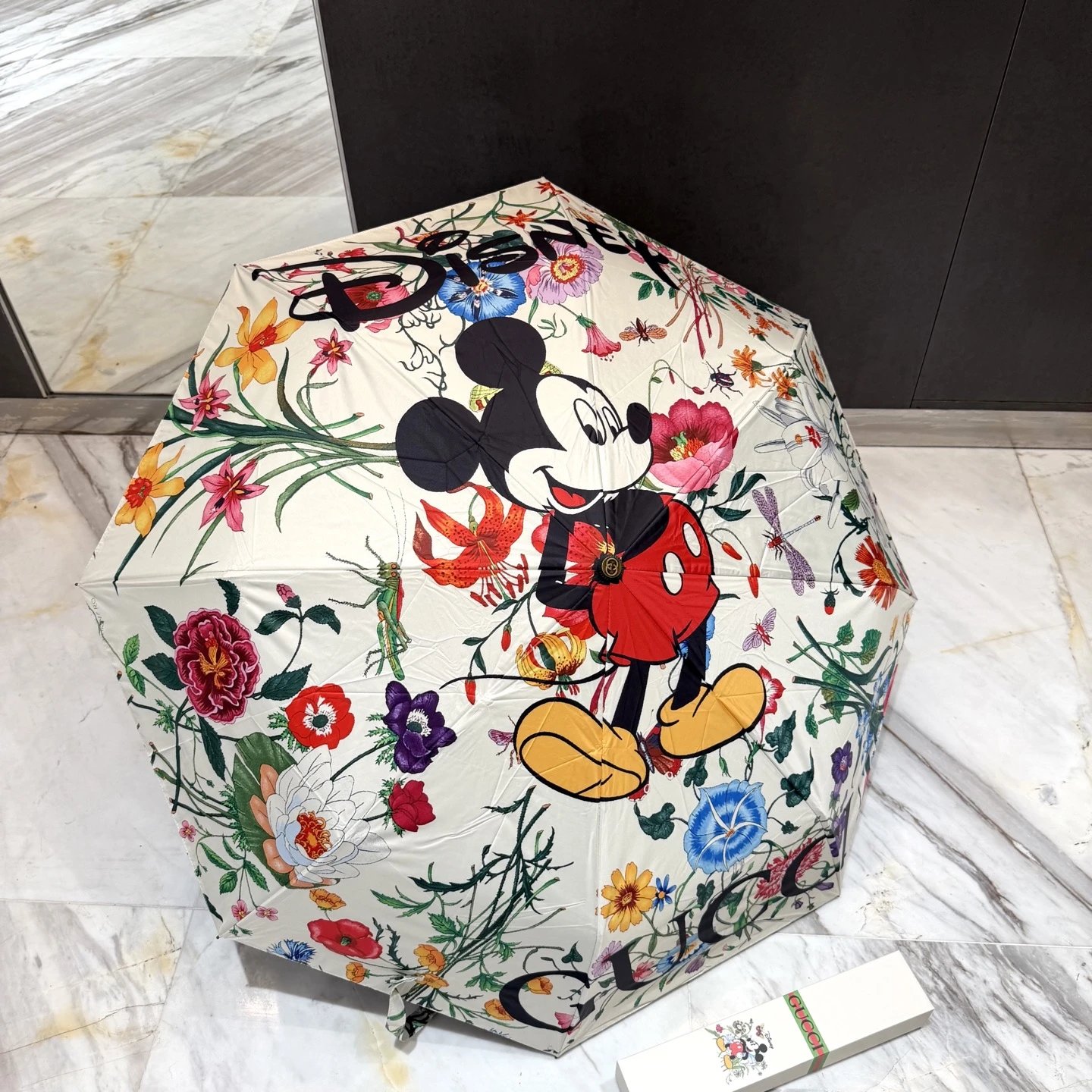 Gucci Floral Mickey Mouse Print Folding Umbrella — white