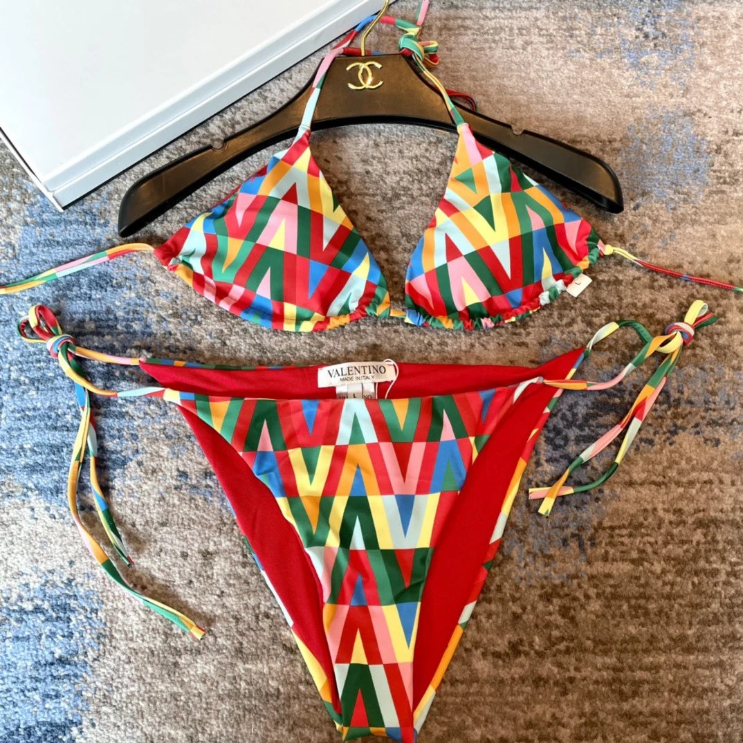 Valentino Swimwear Triangle Bikini Set with Tie-Side Bottoms — 03