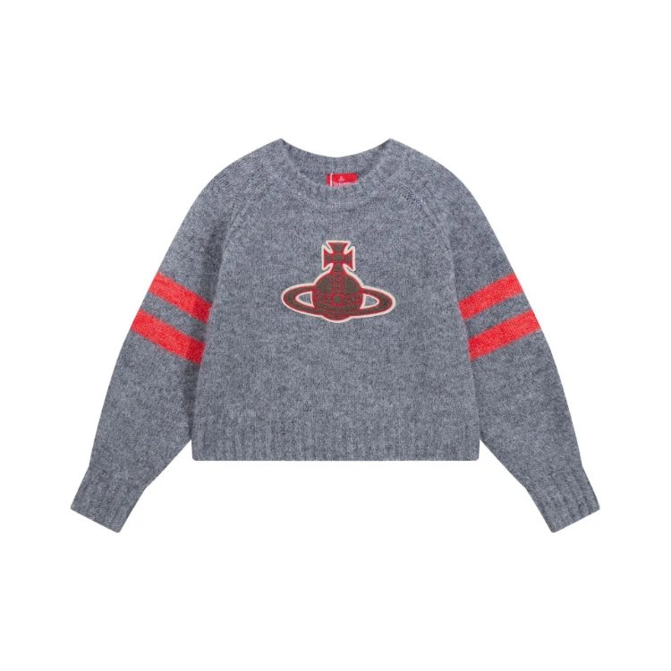 Vivienne Westwood Knitwear 6395 Orb embroidered striped-sleeve crewneck sweater — gray