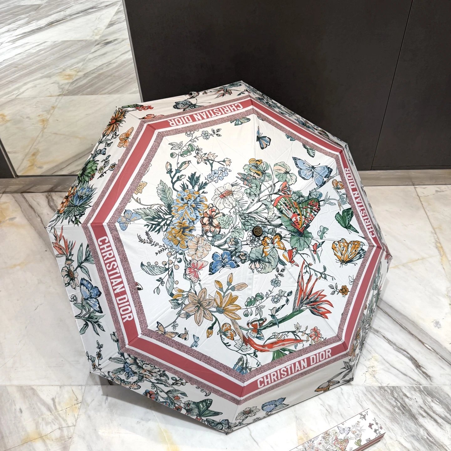 Dior Uncategorized 6503 Folding Umbrella with Floral and Butterfly Print — 02