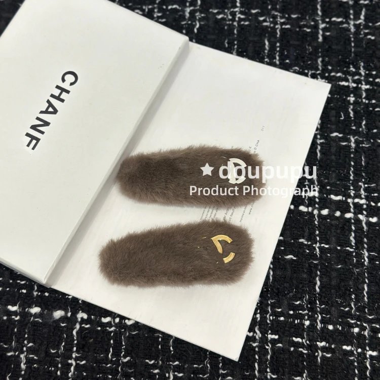 Chanel Uncategorized 6246 Faux-Fur Hair Clip Pair — SKU-04-Double C Gray-Brown “Pair”