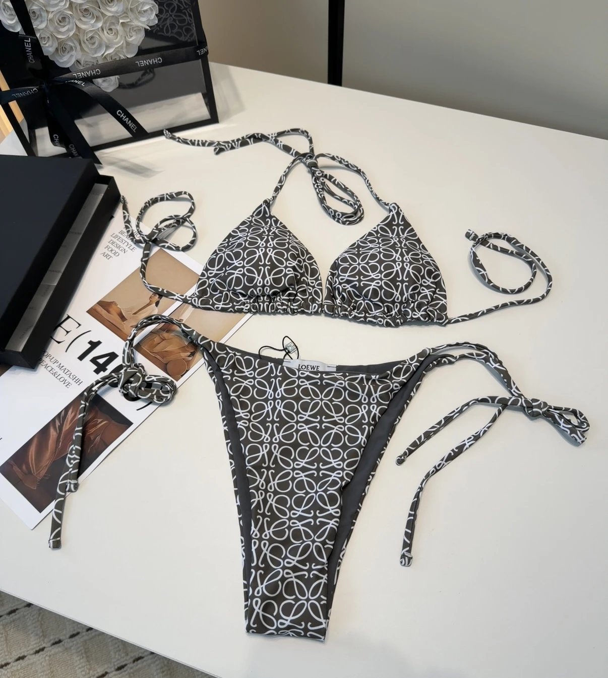 Loewe Swimwear Triangle Bikini Set with Tie-Side Bottoms — gray