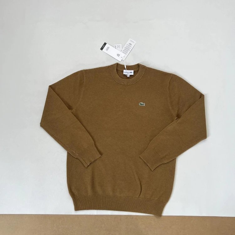 Lacoste Knitwear Crew-Neck Crocodile Logo Knit Sweater — Brown