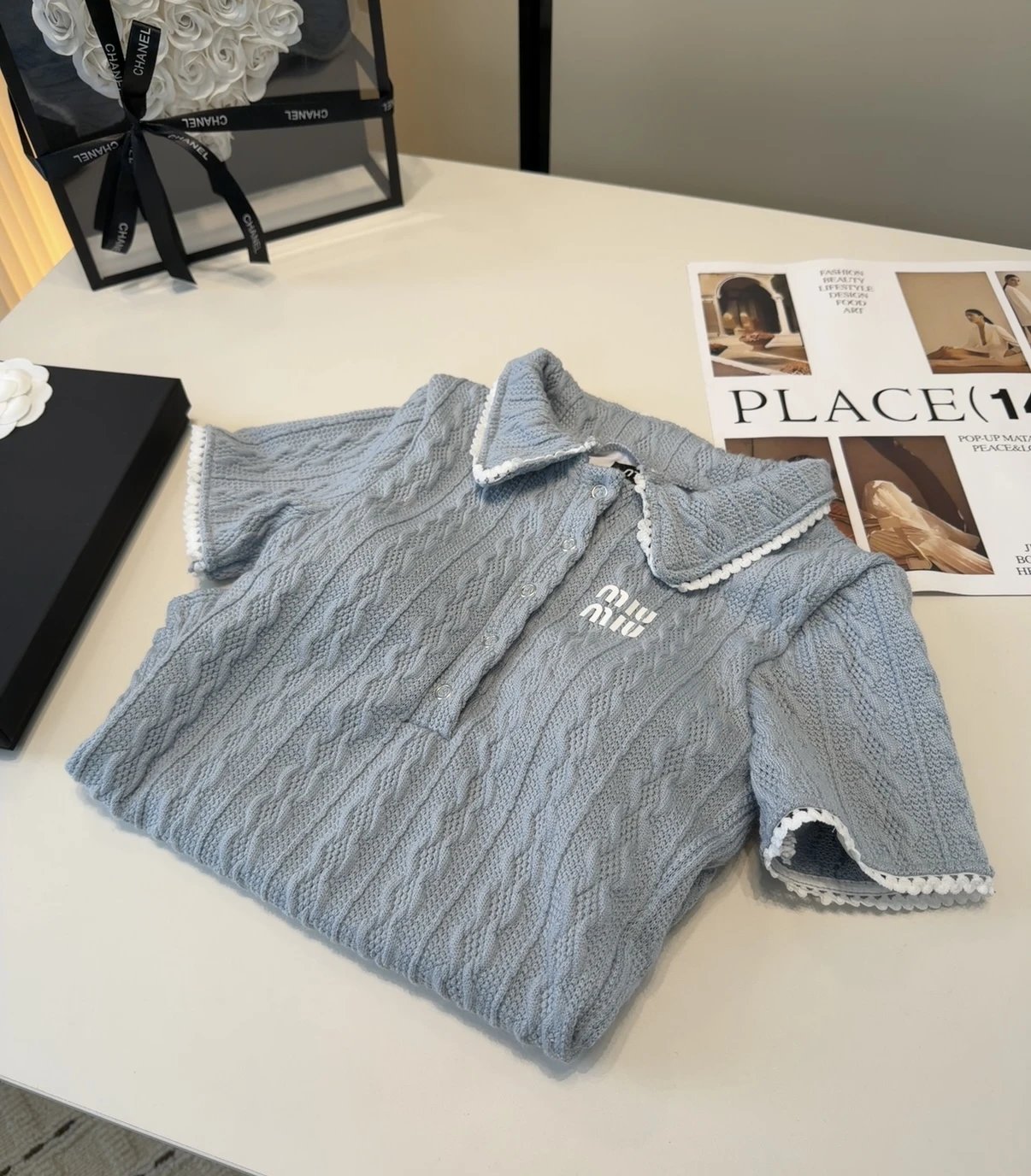 Miu Jumpsuits Cable-Knit Peter Pan Collar Short-Sleeve Bodysuit image 3