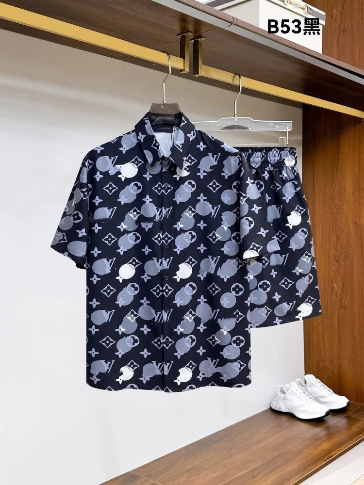 Unbranded Matching Sets Short-Sleeve Button-Front Printed Shirt and Shorts Set — SKU-31-53 Black and Gray