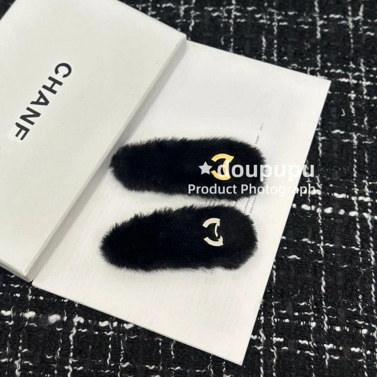 Chanel Uncategorized 6246 Faux-Fur Hair Clip Pair — SKU-02-Double C Black “Pair”