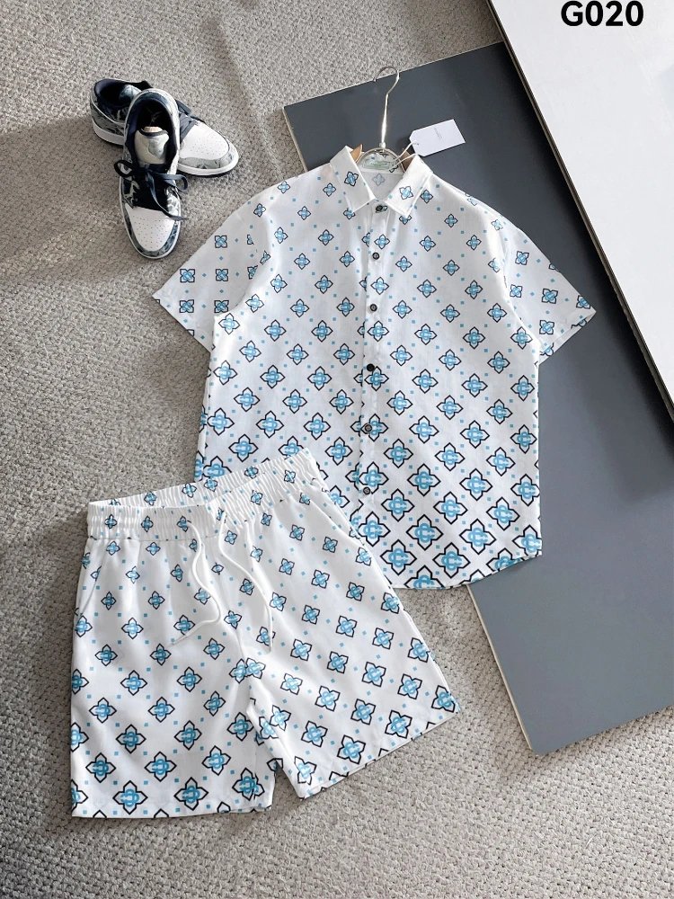 Unbranded Matching Sets Short-Sleeve Button Shirt and Drawstring Shorts Set — SKU-20-G020 white