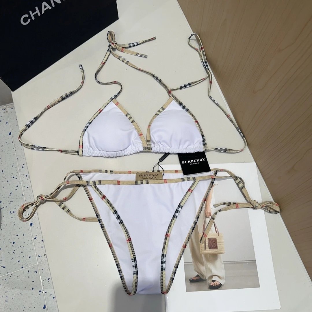 Burberry Swimwear Plaid-Trim Triangle Bikini Set — 02