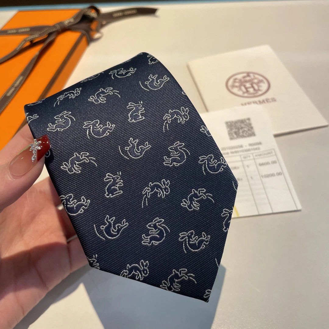 Hermès Ties 6576 Rabbit Motif Jacquard Silk Tie — 01