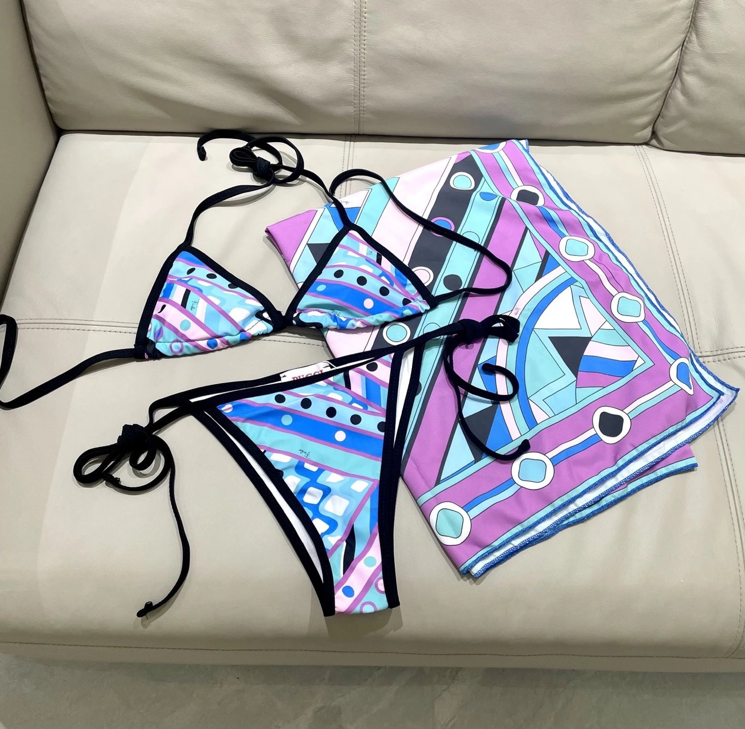 Emilio Pucci Swimwear Triangle Tie-Side Bikini Set with Geometric Print — 2