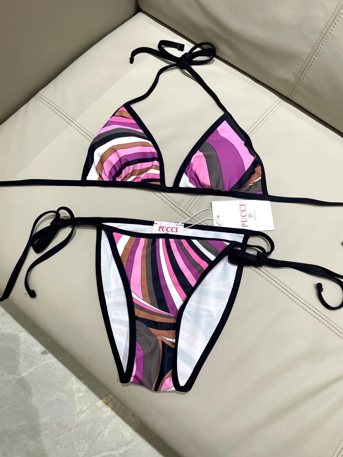 Emilio Pucci Swimwear Triangle Tie-Side Bikini Set with Geometric Print — 5