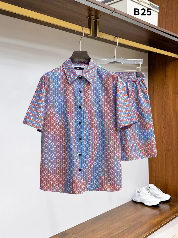 Unbranded Matching Sets Short-Sleeve Button-Front Printed Shirt and Shorts Set — SKU-13-25 Light Purple