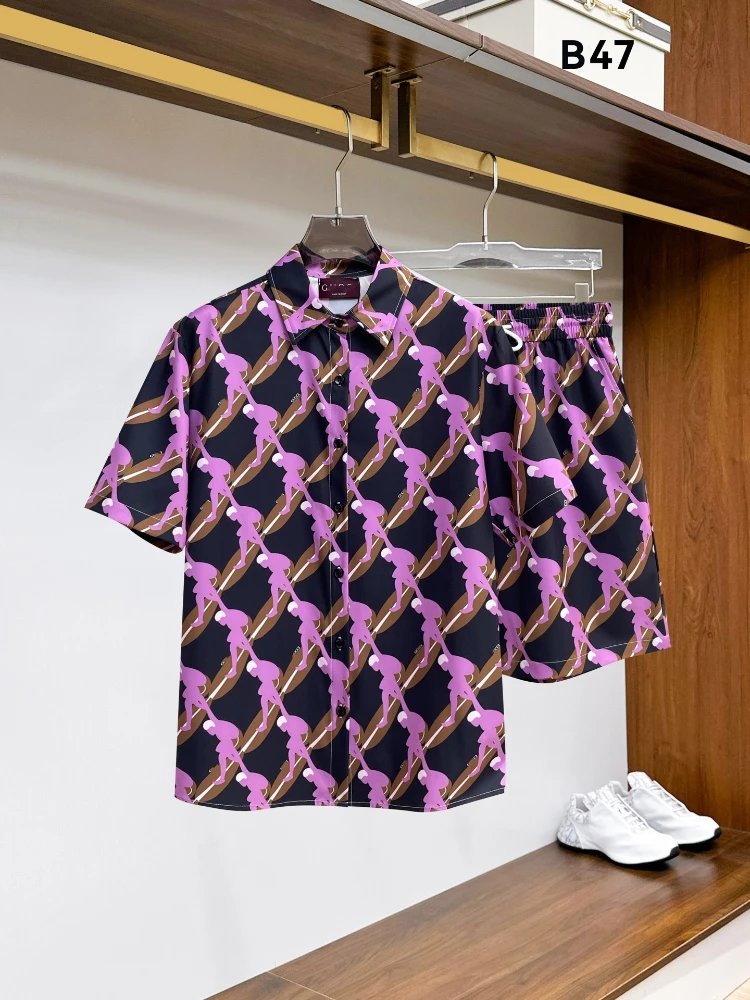Unbranded Matching Sets Short-Sleeve Button-Front Printed Shirt and Shorts Set — SKU-25-47 Black Pink