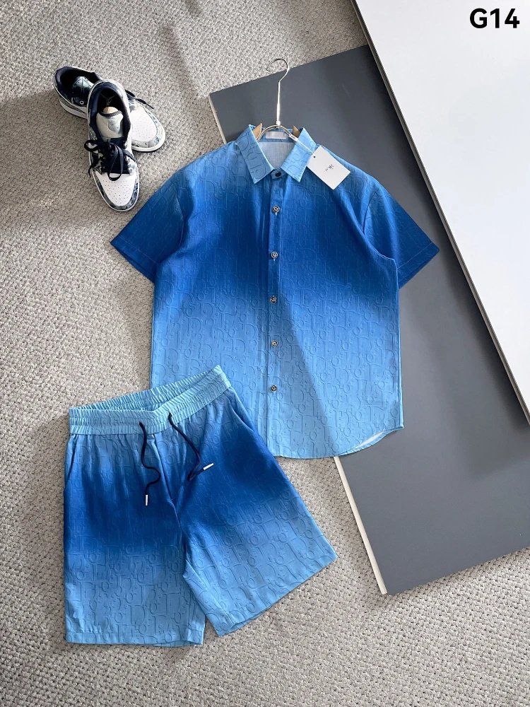 Unbranded Matching Sets Short-Sleeve Button Shirt and Drawstring Shorts Set — SKU-14-G14 Blue