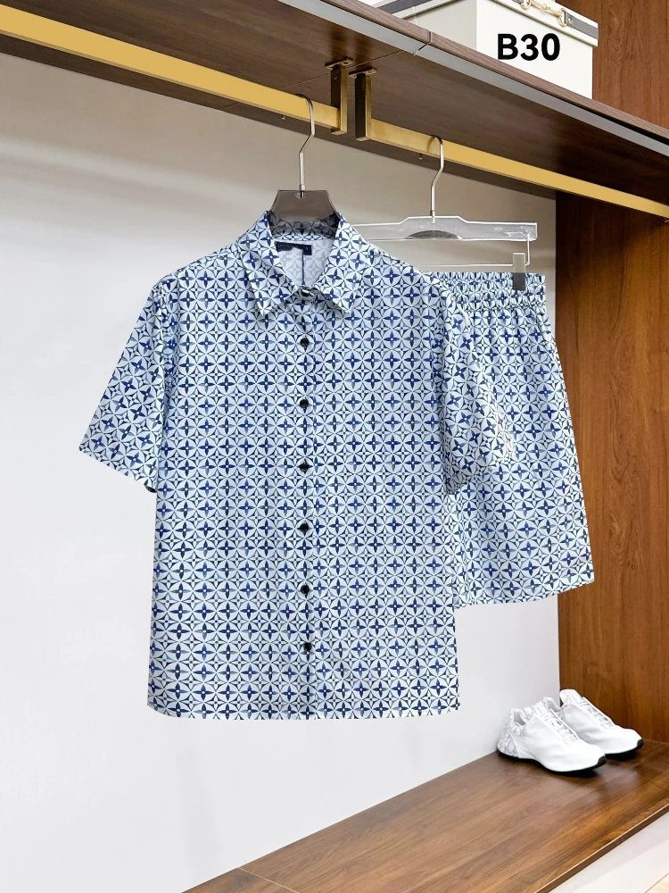 Unbranded Matching Sets Short-Sleeve Button-Front Printed Shirt and Shorts Set — SKU-15-30 Light Blue