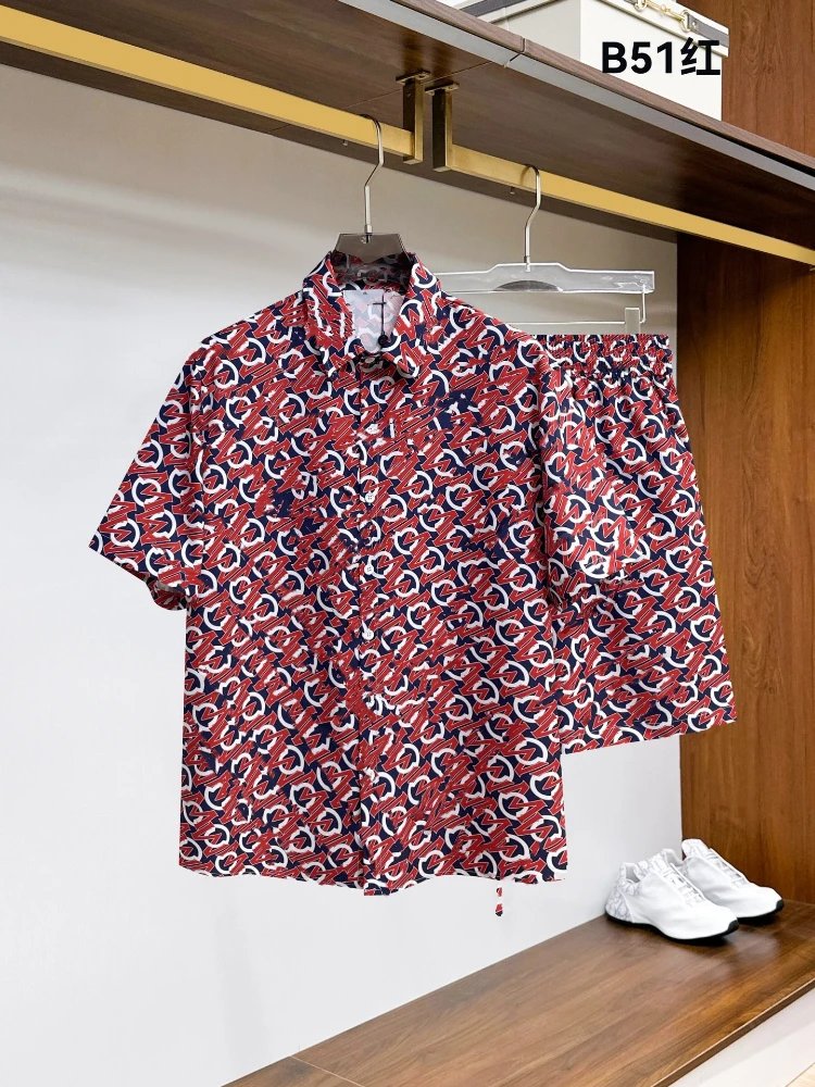 Unbranded Matching Sets Short-Sleeve Button-Front Printed Shirt and Shorts Set — SKU-26-51 red