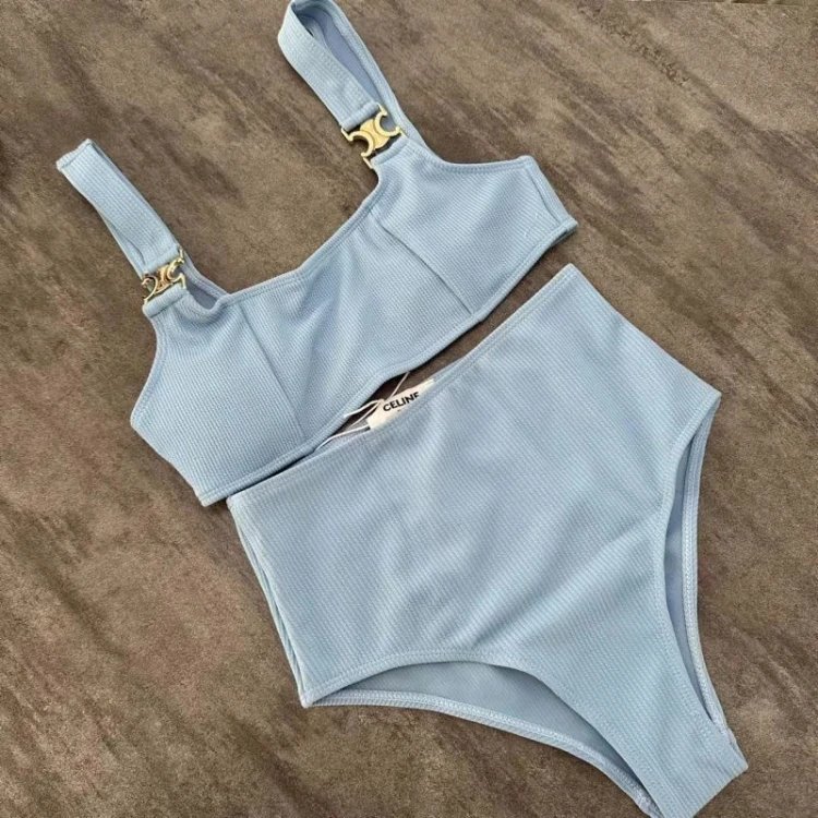 Unbranded Swimwear Ribbed High-Waisted Two-Piece Bikini with Metal Strap Hardware — Aqua