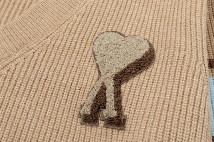 AMI Paris Knitwear V-neck knit sweater with heart applique and striped sleeves image 5