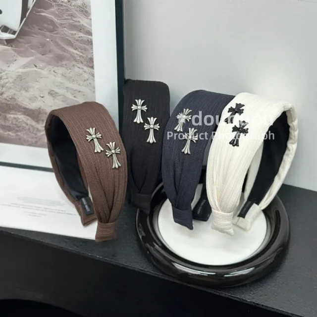 Unbranded Uncategorized Wide ribbed knotted headband with cross charms product detail image 1