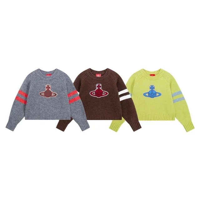 Vivienne Westwood Knitwear 6395 Orb embroidered striped-sleeve crewneck sweater product detail image 1