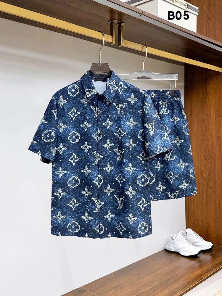 Unbranded Matching Sets Short-Sleeve Button-Front Printed Shirt and Shorts Set — SKU-03-05 Royal Blue