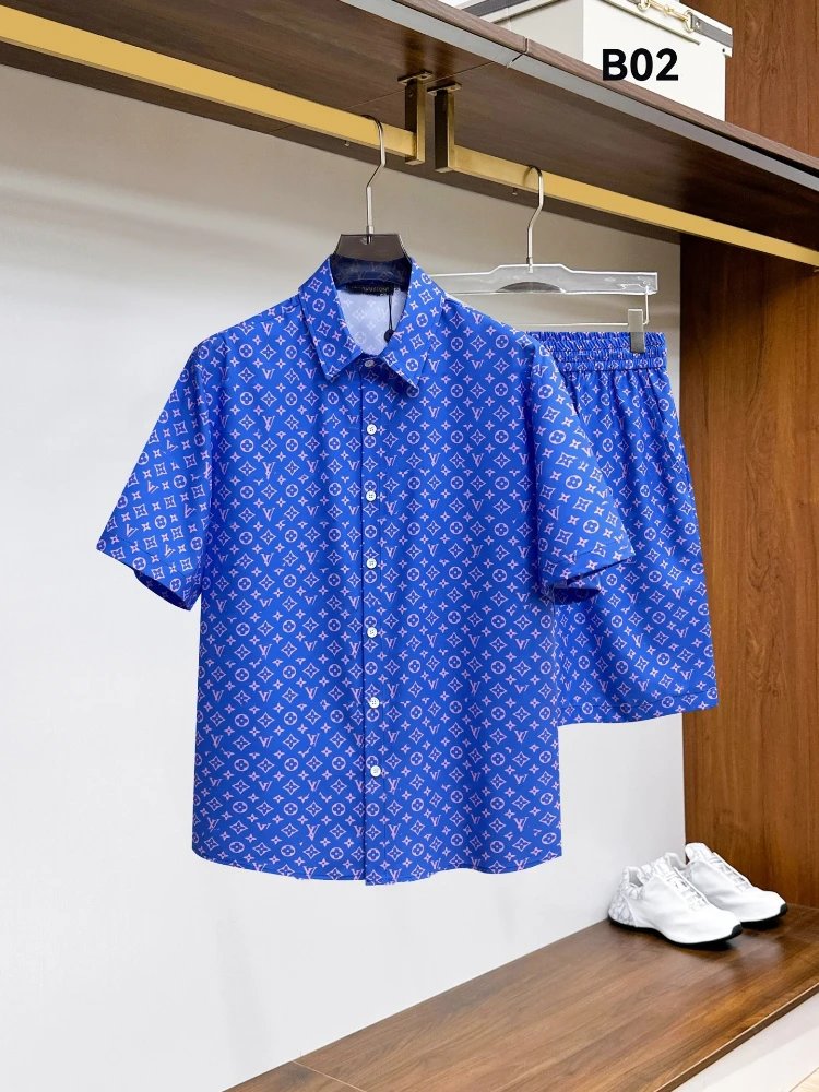 Unbranded Matching Sets Short-Sleeve Button-Front Printed Shirt and Shorts Set — SKU-02-02 Blue