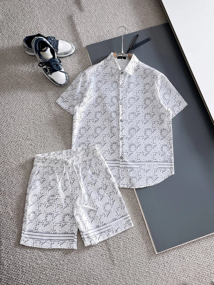 Unbranded Matching Sets Short-Sleeve Button Shirt and Drawstring Shorts Set — SKU-25-G25 White