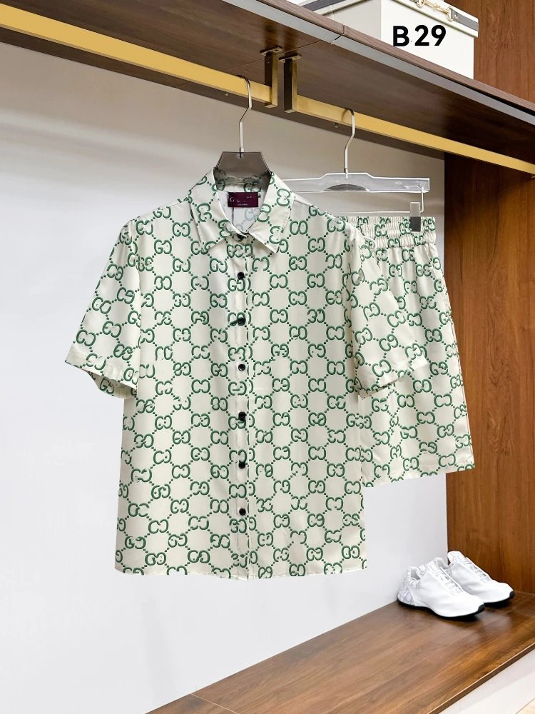 Unbranded Matching Sets Short-Sleeve Button-Front Printed Shirt and Shorts Set — SKU-14-29 Light Green
