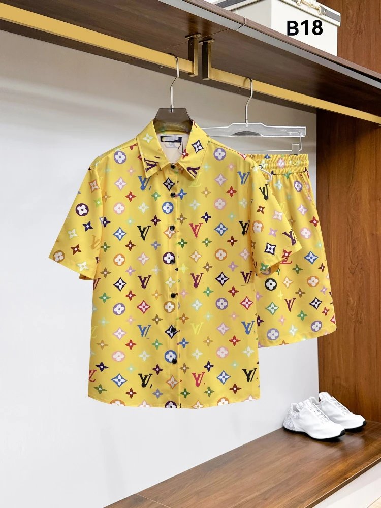 Unbranded Matching Sets Short-Sleeve Button-Front Printed Shirt and Shorts Set — SKU-11-18 Yellow