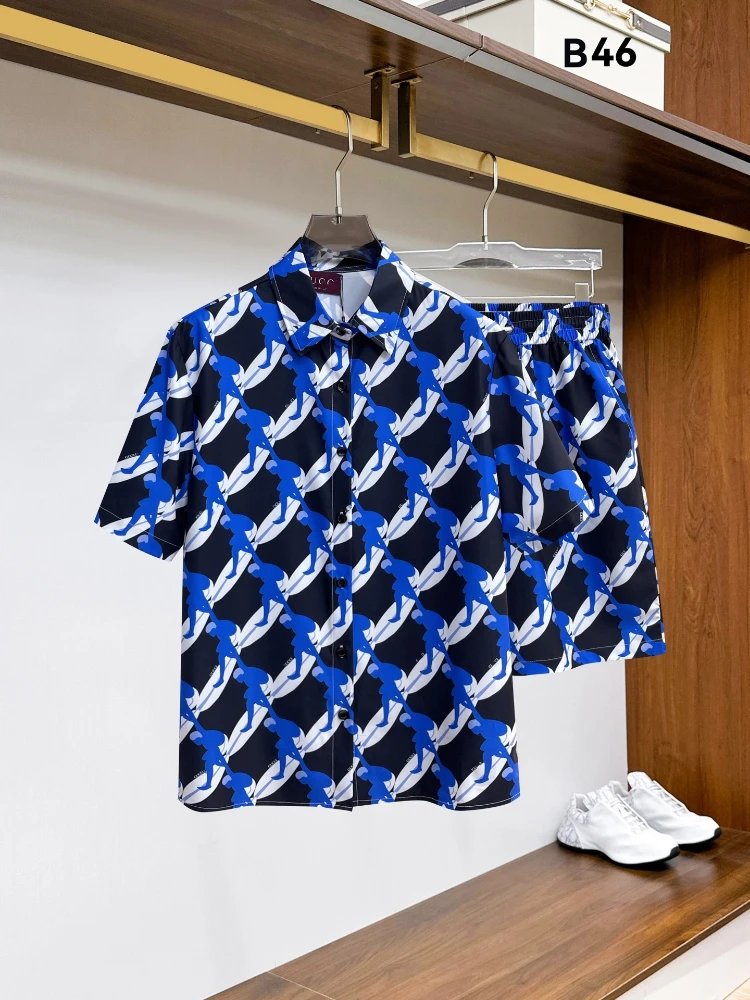 Unbranded Matching Sets Short-Sleeve Button-Front Printed Shirt and Shorts Set — SKU-24-46 Blue