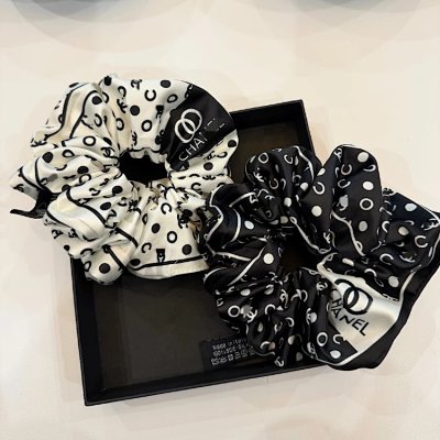 Chanel CC Logo Polka Dot Silk Scrunchies