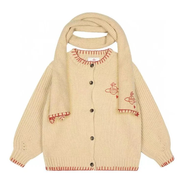 Unbranded Knitwear Scarf-detail embroidered button-front cardigan — Khaki
