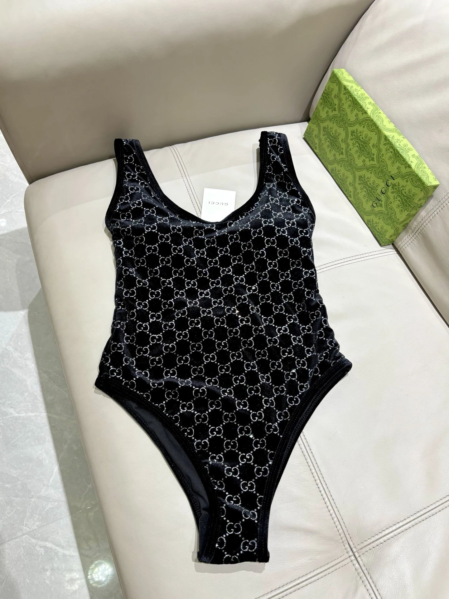 Gucci Swimwear Velvet GG Monogram One-Piece Swimsuit — Black