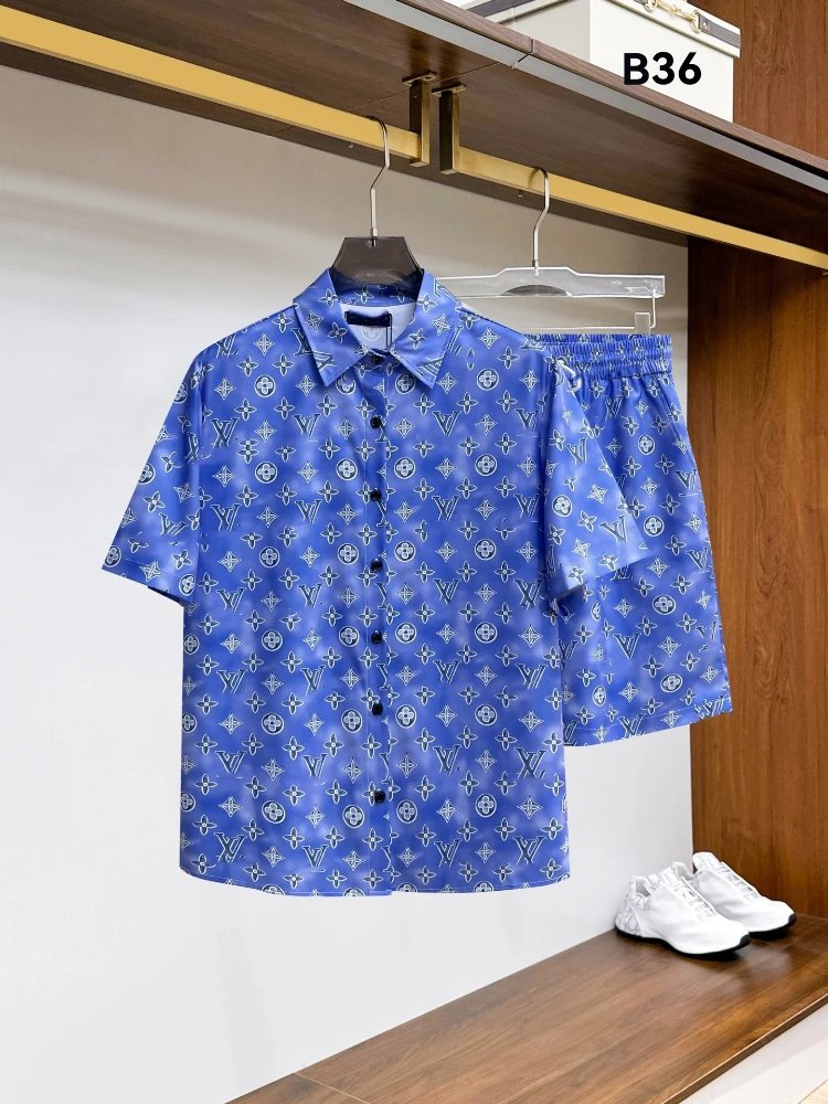 Unbranded Matching Sets Short-Sleeve Button-Front Printed Shirt and Shorts Set — SKU-16-36 Blue
