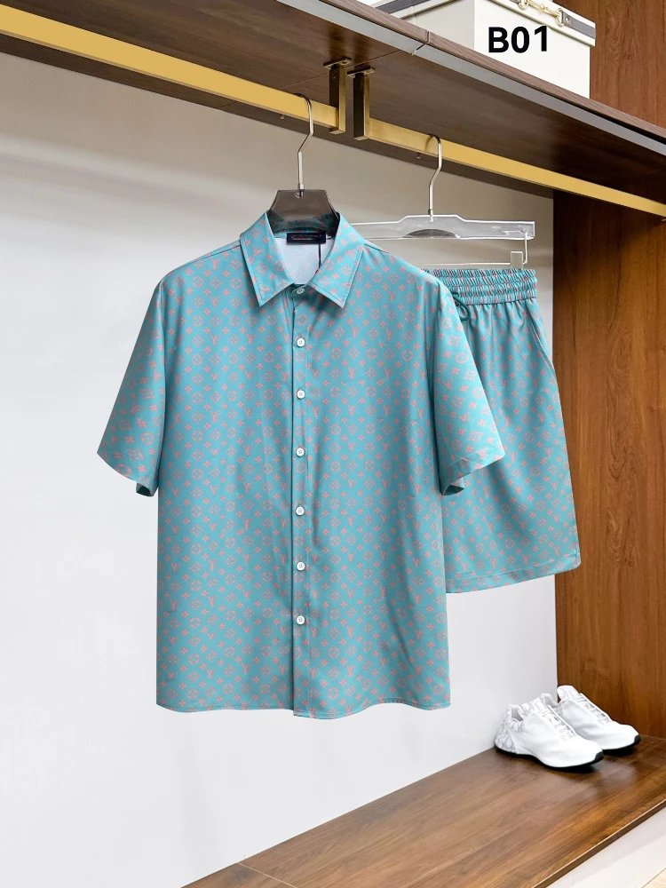 Unbranded Matching Sets Short-Sleeve Button-Front Printed Shirt and Shorts Set — SKU-01-01 Light Blue