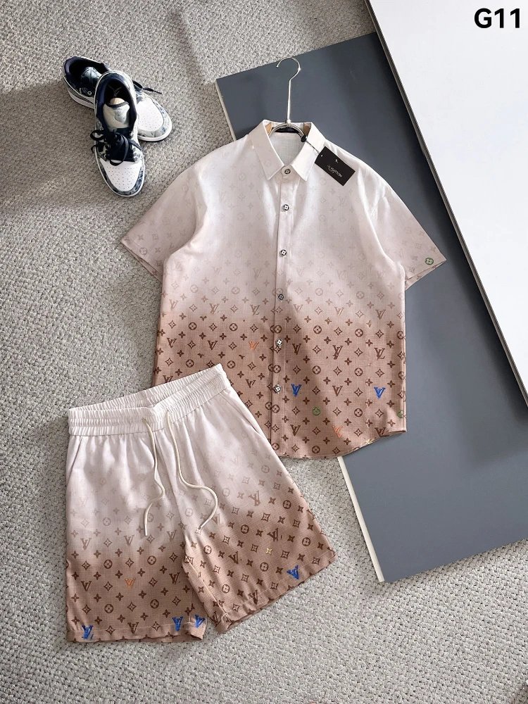 Unbranded Matching Sets Short-Sleeve Button Shirt and Drawstring Shorts Set — SKU-10-G11 Light Brown