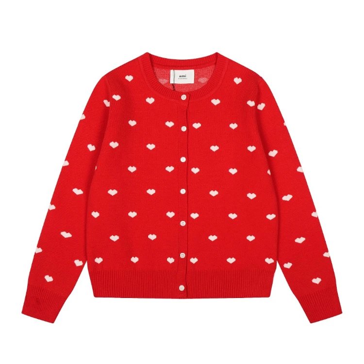 AMI Knitwear Heart Jacquard Button Cardigan — SKU-03-Red with White Center