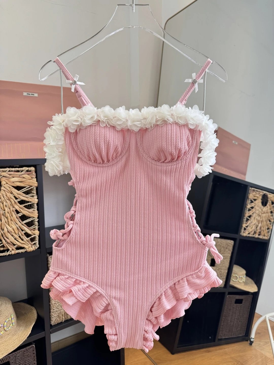 Pink Ribbed Knit Floral Trim One-Piece Swimsuit [1 style]