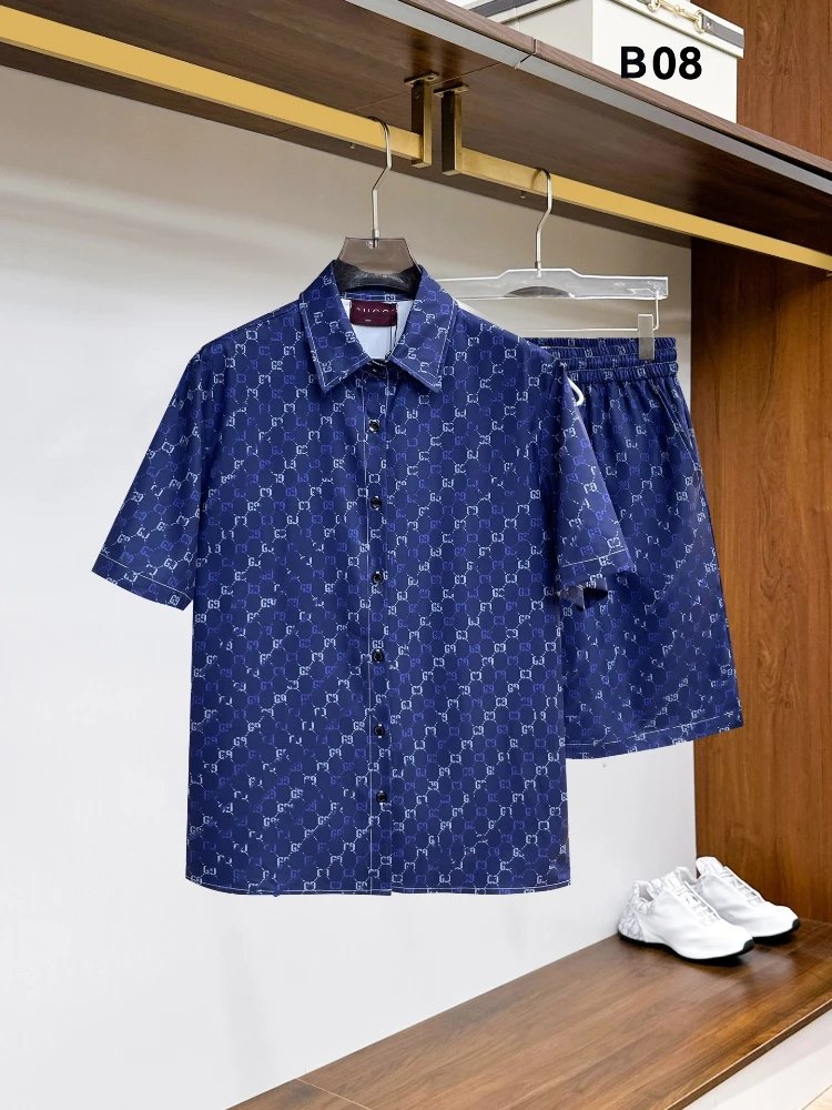 Unbranded Matching Sets Short-Sleeve Button-Front Printed Shirt and Shorts Set — SKU-04-08 Royal Blue