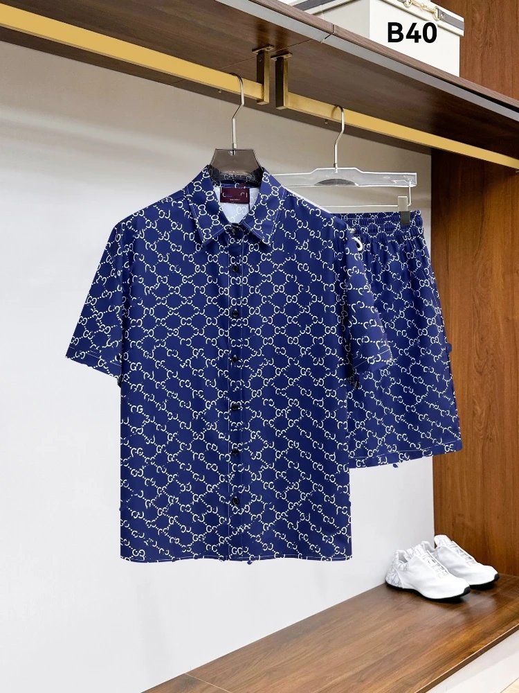 Unbranded Matching Sets Short-Sleeve Button-Front Printed Shirt and Shorts Set — SKU-19-40 Dark Blue
