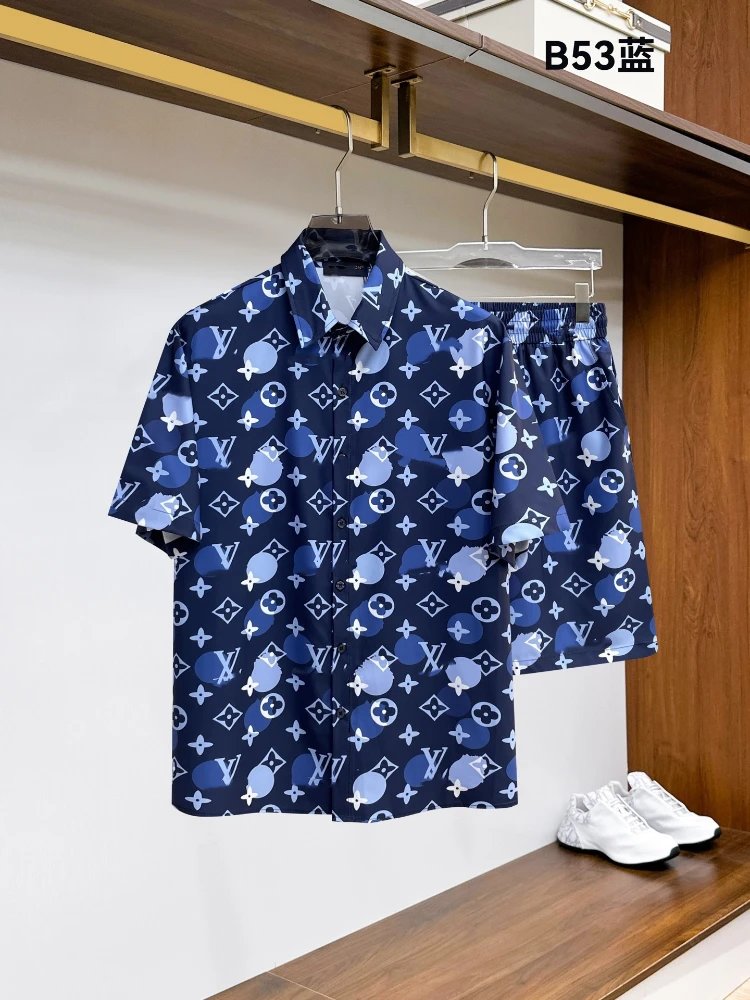Unbranded Matching Sets Short-Sleeve Button-Front Printed Shirt and Shorts Set — SKU-30-53 Blue
